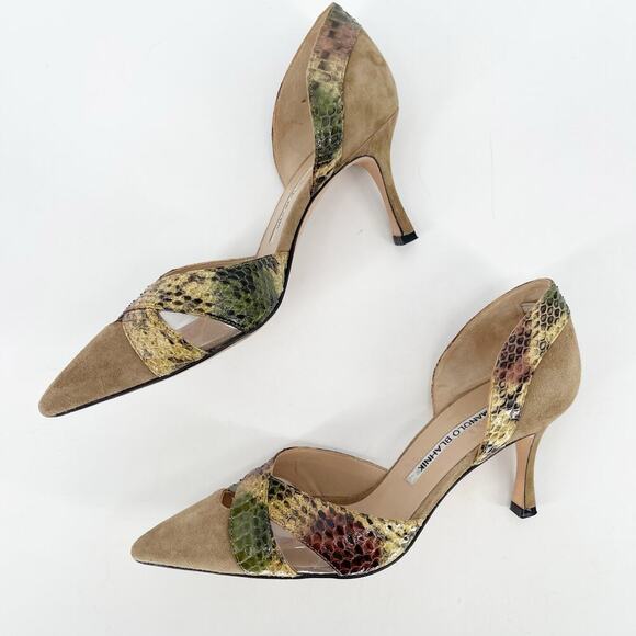 Manolo Blahnik Tan Suede Snakeskin PVC Cutout Pointed Toe D'Orsay Heel IT 36 - Picture 4 of 11